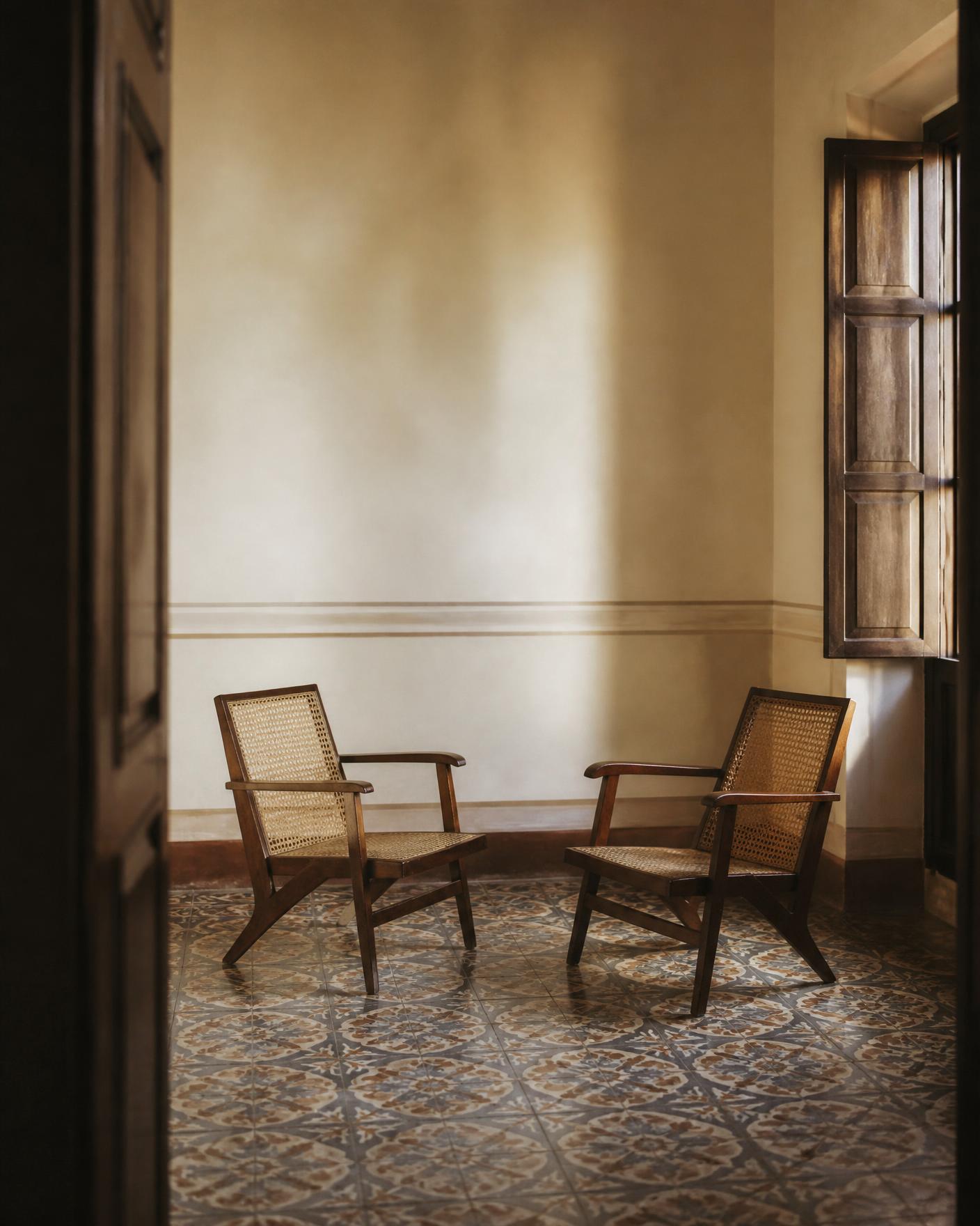 Two cane chairs facing each other in a warm, quiet room